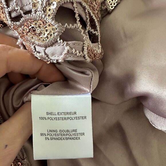 NWT BELLE BADGLEY MISCHKA Rose Gold Sequin Crochet Pink Shift Dress Size 4 - Picture 7 of 10